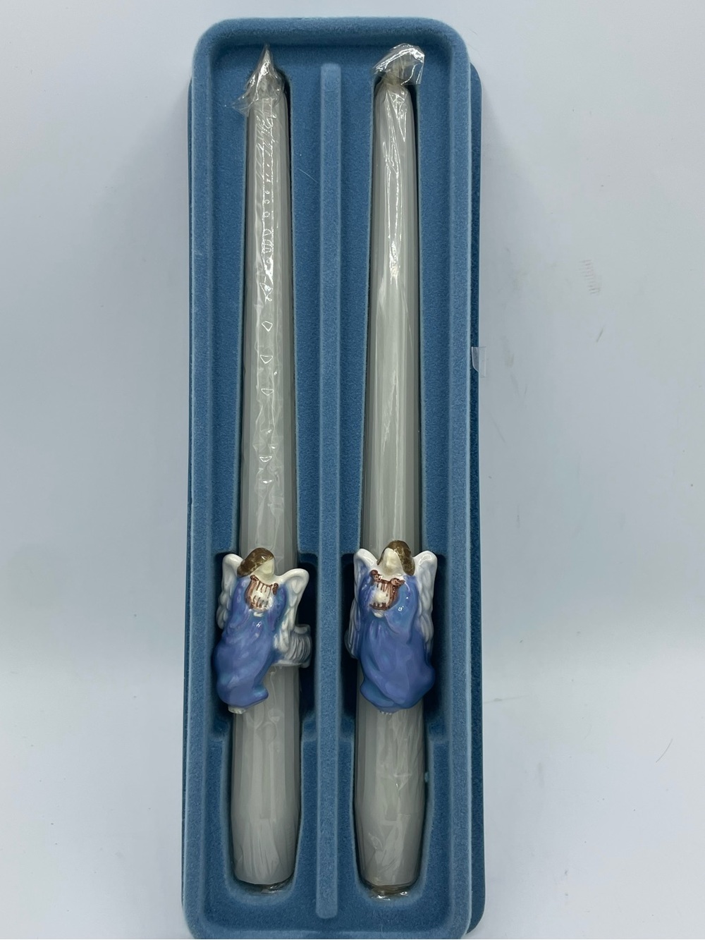 Pair of Vintage 1983 Avon Heavenly Angels White Taper Candles Blue Angel Holders